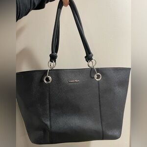 Calvin Klein Black Leather Tote Bag With Silver Hardware